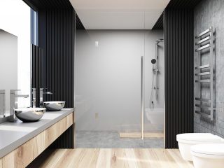 Gray and concrete bathroom interior with a concrete floor, a shower stall, a double sink on a vanity unit and a large mirror. 3d rendering mock up