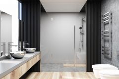 Gray and concrete bathroom interior with a concrete floor, a shower stall, a double sink on a vanity unit and a large mirror. 3d rendering mock up